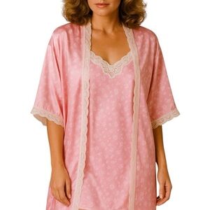 Vintage 80s Barbizon Pink Satin Lingerie Set Lace Trim Robe & Slip Size Large